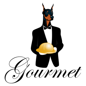 logo for a brand of premium dog food; the design features a cartoon drawing
				of a doberman holding a gold-plated serving dish